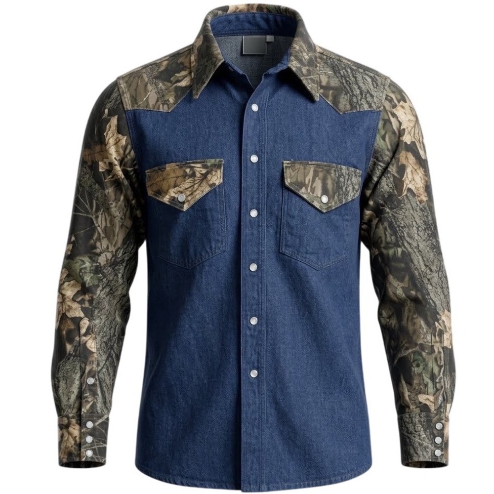 Vintage Lapco Welding Heavy Duty Denim Shirt Camo Long Sleeve Pearl Snap M 15-33